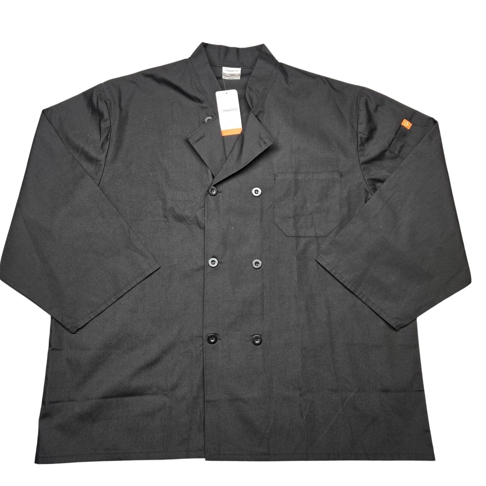 HappyChef Chef Jacket Mens 2XL Black Double Breasted 3/4 Sleeve Uniform